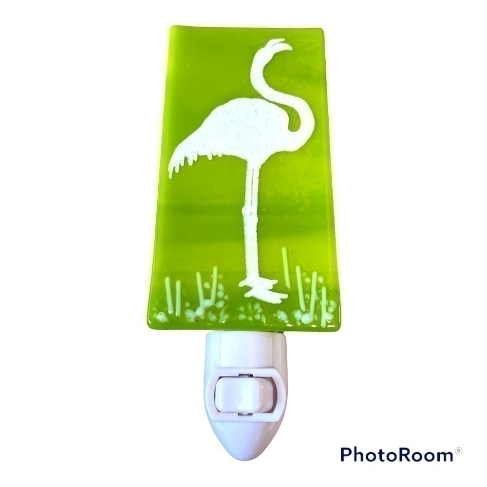 FLAMINGO Fused Glass Night Light signed by local St Petersburg FL artist NWOT